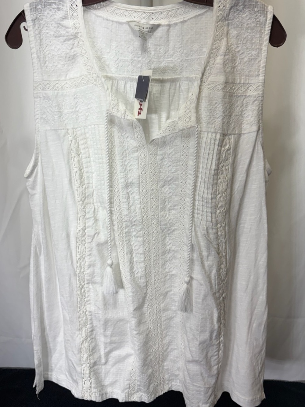 Lucky Brand White Embroidered Tassel V-Neck Camisole 2654